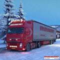 Vrachtwagen van Vroegindewey op een besneeuwde weg in Scandinavië